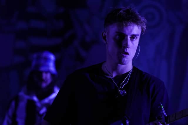 Sam Fender performs at Virgin Money Unity Arena on August 13, 2020 in Newcastle upon Tyne, England. Sam Fender is the first to perform at the socially distanced music venue. 