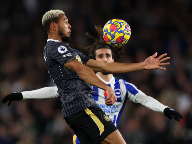 Joelinton of Newcastle United beats Marc Cucurella of Brighton & Hove Albion to the ball during the Premier League match between Brighton & Hove Albion and Newcastle United at American Express Community Stadium on November 06, 2021 in Brighton, England. 