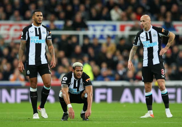 Joelinton of Newcastle United reacts after their sides draw in the Premier League match between Newcastle United and Brentford at St. James Park on November 20, 2021 in Newcastle upon Tyne, England.