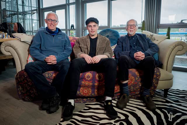 Sam Fender with two of the founding members of Lindisfarne, Ray Laidlaw (left) and Rod Clements (Image: BBC)