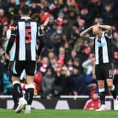 Jonjo Shelvey of Newcastle United reacts after Aaron Ramsdale of Arsenal (not pictured) makes a save during the Premier League match between Arsenal and Newcastle United. 