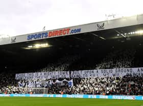 Newcastle United fans display a banner prior to the Tottenham Hotspur home match.(Photo by Stu Forster/Getty Images)