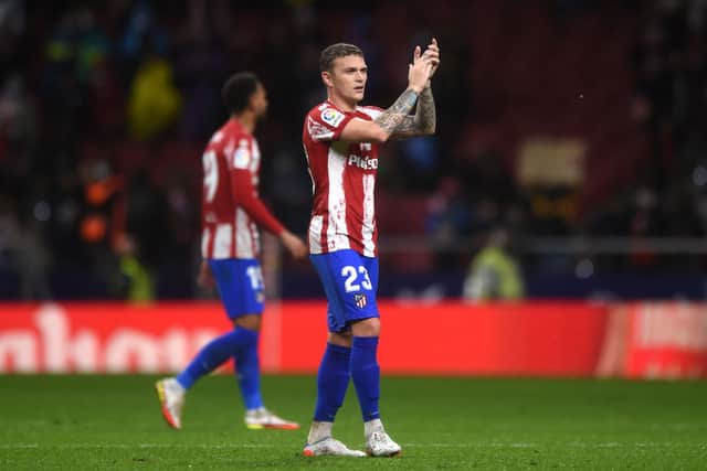 Kieran Trippier of Atletico Madrid applauds the fans following the La Liga Santander match between Club Atletico de Madrid and Real Betis at Estadio Wanda Metropolitano on October 31, 2021 in Madrid, Spain.
