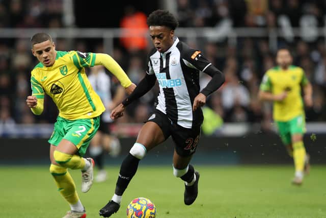  Joe Willock of Newcastle United controls the ball during the Premier League match between Newcastle United  and  Norwich City at St. James Park on November 30, 2021 in Newcastle upon Tyne, England. 