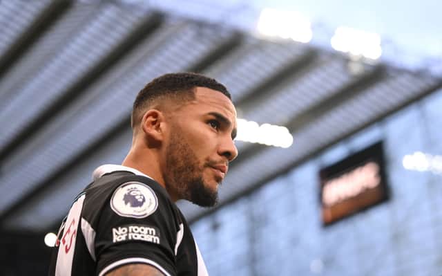 Newcastle captain Jamaal Lascelles looks on before the Premier League match between Newcastle United and Burnley at St. James Park on December 04, 2021 in Newcastle upon Tyne, England. 