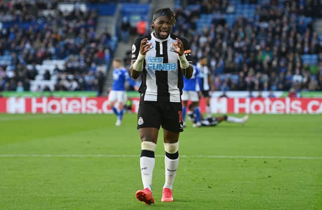 <p>Allan Saint-Maximin of Newcastle United reacts during the Premier League match between Leicester City and Newcastle United at The King Power Stadium on December 12, 2021 in Leicester, England.</p>
