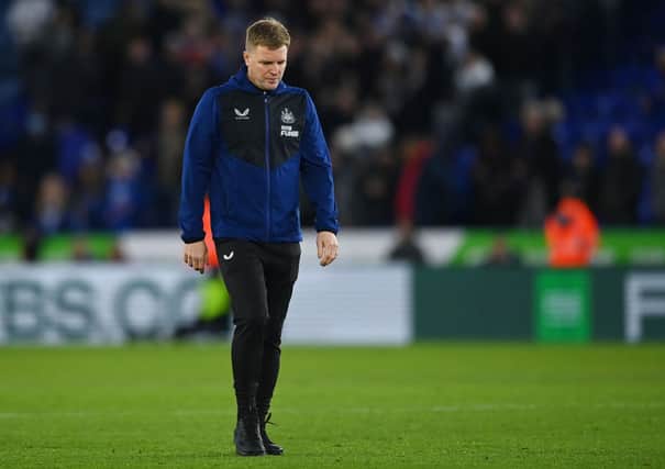 Eddie Howe, Manager of Newcastle United looks dejected after the Premier League match between Leicester City and Newcastle United at The King Power Stadium on December 12, 2021 in Leicester, England.