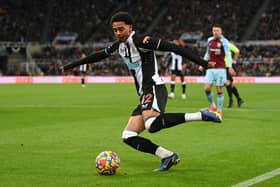Newcastle player Jamal Lewis in action during the Premier League match between Newcastle United and Burnley at St. James Park on December 04, 2021 in Newcastle upon Tyne, England.
