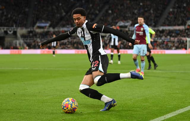 Newcastle player Jamal Lewis in action during the Premier League match between Newcastle United and Burnley at St. James Park on December 04, 2021 in Newcastle upon Tyne, England.