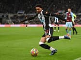 Newcastle player Jamal Lewis in action during the Premier League match between Newcastle United and Burnley at St. James Park on December 04, 2021 in Newcastle upon Tyne, England.