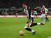 Newcastle player Jamal Lewis in action during the Premier League match between Newcastle United and Burnley at St. James Park on December 04, 2021 in Newcastle upon Tyne, England.