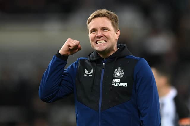 Newcastle manager Eddie Howe celebrates with the fans after the Premier League match between Newcastle United and Burnley at St. James Park on December 04, 2021 in Newcastle upon Tyne, England. 