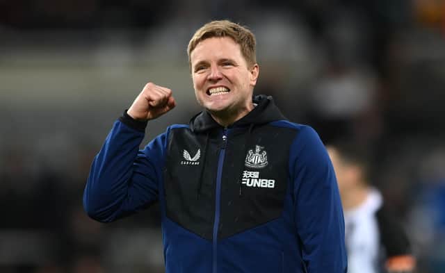 Newcastle manager Eddie Howe celebrates with the fans after the Premier League match between Newcastle United and Burnley at St. James Park on December 04, 2021 in Newcastle upon Tyne, England. 