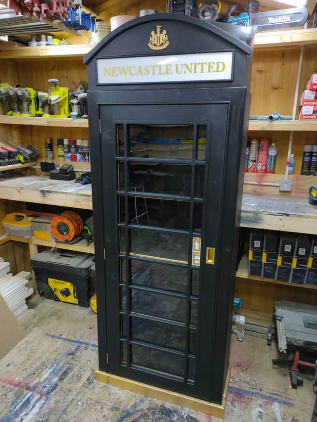 <p>The phone box was made by a local NUFC fan</p>