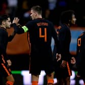 (L-R) Ludovit Reis of Holland U21, Jeremie Frimpong of Holland U21, Sven Botman of Holland U21 during the  U21 Men match between Holland  v Wales at the Stadium De Goffert on October 12, 2021 in Nijmegen Netherlands.