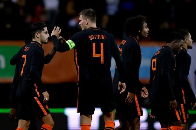 (L-R) Ludovit Reis of Holland U21, Jeremie Frimpong of Holland U21, Sven Botman of Holland U21 during the  U21 Men match between Holland  v Wales at the Stadium De Goffert on October 12, 2021 in Nijmegen Netherlands.