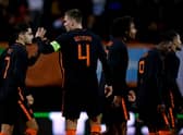 (L-R) Ludovit Reis of Holland U21, Jeremie Frimpong of Holland U21, Sven Botman of Holland U21 during the  U21 Men match between Holland  v Wales at the Stadium De Goffert on October 12, 2021 in Nijmegen Netherlands.