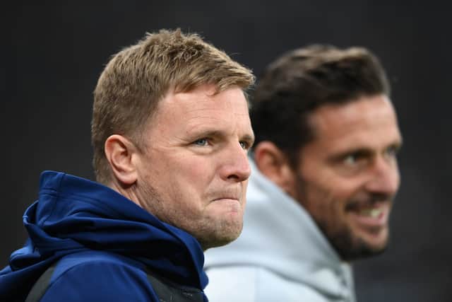 Newcastle head coach Eddie Howe (l) with assistant Jason Tindall during the Premier League match between Newcastle United and Manchester United at St. James Park on December 27, 2021
