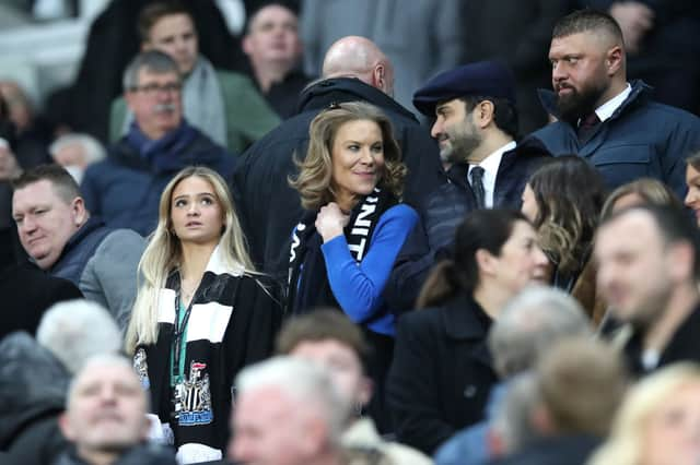 Amanda Staveley, Chief Executive Officer of PCP Capital Partners and husband Mehrdad Ghodoussi look on prior to the Premier League match between Newcastle United  and  Manchester United at St James’ Park on December 27, 2021 in Newcastle upon Tyne, England.