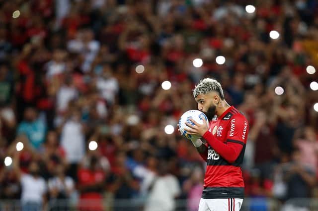 Gabriel Barbosa of Flamengo kisses the ball before a penalty kick during a match between Flamengo and Santos as part of Brasileirao 2021 at Maracana Stadium on December 6, 2021 in Rio de Janeiro, Brazil. 
