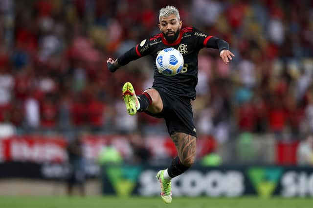 Gabriel Barbosa of Flamengo controls the ball during a match between Flamengo and Atletico Goianiense as part of Brasileirao 2021 at Maracana Stadium on November 05, 2021 in Rio de Janeiro, Brazil. 