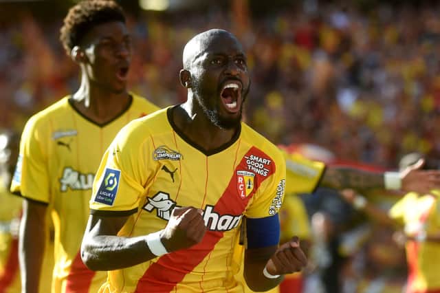 <p>Lens’ Ivorian midfielder Seko Fofana celebrates scoring his team’s second goal during the French L1 football match between RC Lens and AS Saint-Etienne at Stade Bollaert-Delelis in Lens, northern France on August 15, 2021. </p>