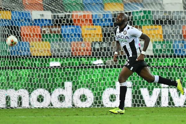 Seko Fofana of Udinese Calcio celebrates after scoring his team second goal during the Serie A match between Udinese Calcio and Juventus at Stadio Friuli on July 23, 2020 in Udine, Italy.
