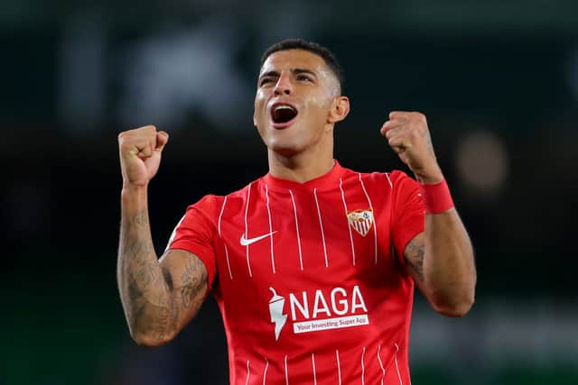 Diego Carlos of Sevilla celebrates following the La Liga Santander match between Real Betis and Sevilla FC at Estadio Benito Villamarin on November 07, 2021 in Seville, Spain.