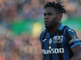 Duvan Zapata of Atalanta BC looks on during the Serie A match between Atalanta BC and AS Roma at Gewiss Stadium on December 18, 2021