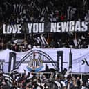 Newcastle United fans show their support during the Premier League match between Newcastle United and Watford at St. James Park on January 15, 2022 in Newcastle upon Tyne, England. 