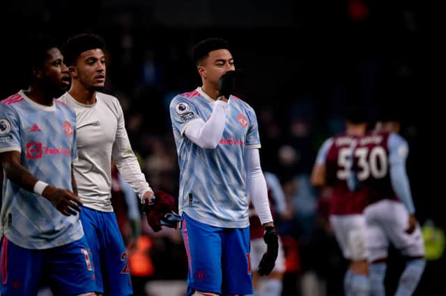 Jesse Lingard of Manchester United reacts during the Premier League match between Aston Villa  and  Manchester United at Villa Park on January 15, 2022 in Birmingham, England. 