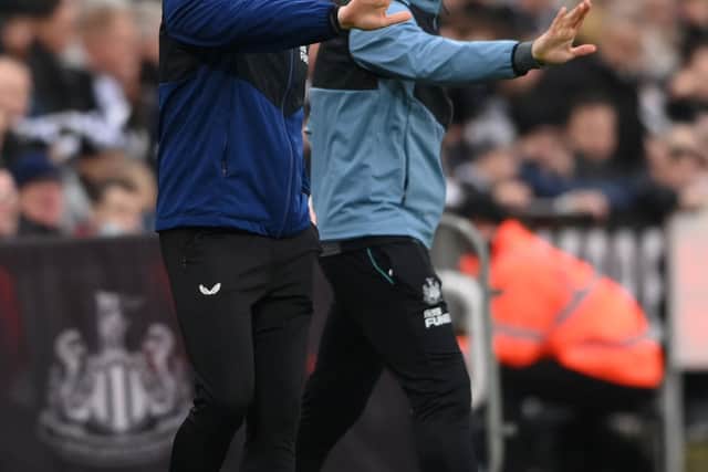 Newcastle manager Eddie Howe (l) and assistant Jason Tindall react on the touchline during the Premier League match between Newcastle United and Watford at St. James Park on January 15, 2022 in Newcastle upon Tyne, England.