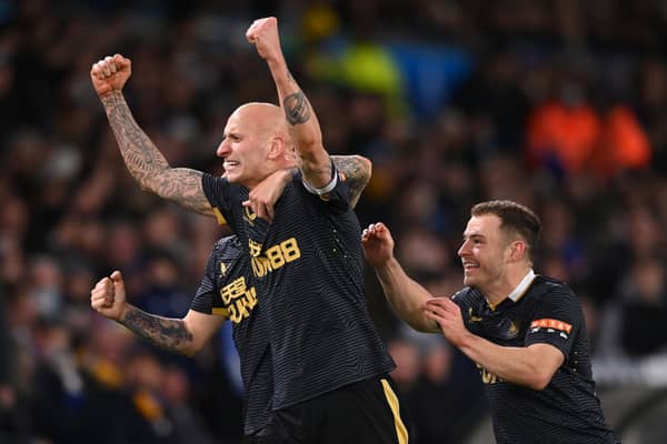 Jonjo Shelvey of Newcastle celebrates his goal during the Premier League match between Leeds United  and  Newcastle United at Elland Road on January 22, 2022 in Leeds, England.