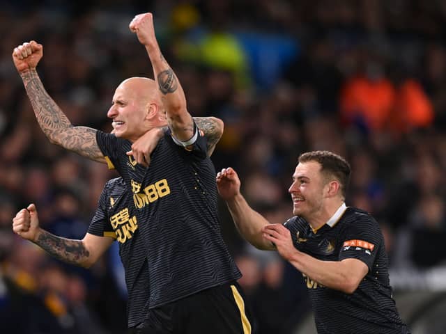 Jonjo Shelvey of Newcastle celebrates his goal during the Premier League match between Leeds United  and  Newcastle United at Elland Road on January 22, 2022 in Leeds, England.