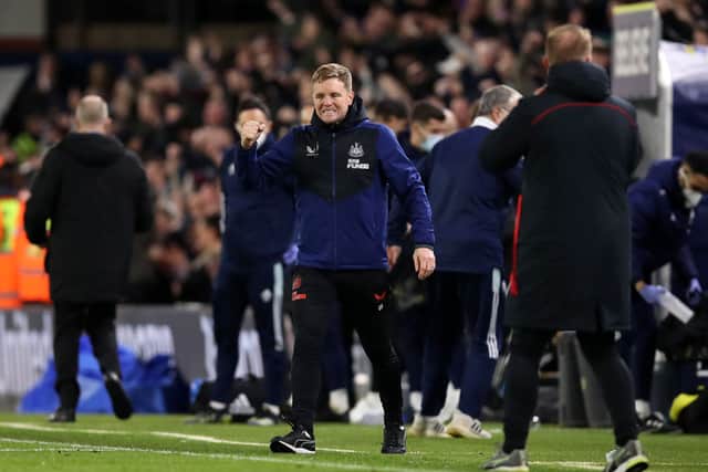 Eddie Howe, Manager of Newcastle United celebrates after their sides victory during the Premier League match between Leeds United and Newcastle United at Elland Road on January 22, 2022 in Leeds, England. 