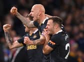 Newcastle United midfielder Jonjo Shelvey celebrates his winning goal at Leeds. 