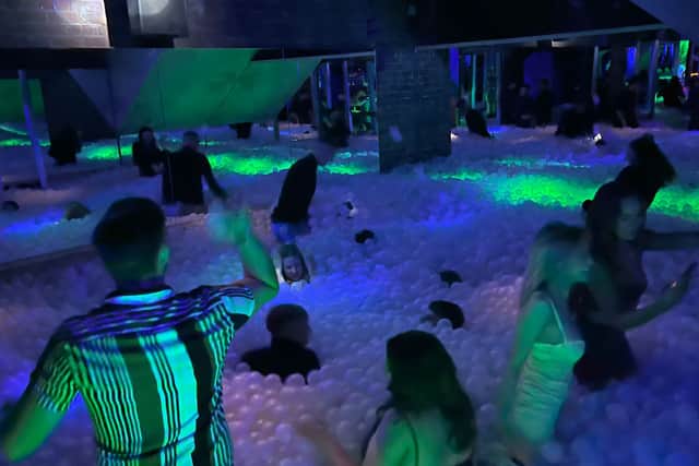 Partygoers fill the ball pit