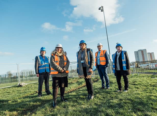 <p>Cllr John-Paul Stephenson, Cabinet Member for Public Health and Culture, is joined by ward members and parish councillors at the launch of the development at Blakelaw</p>