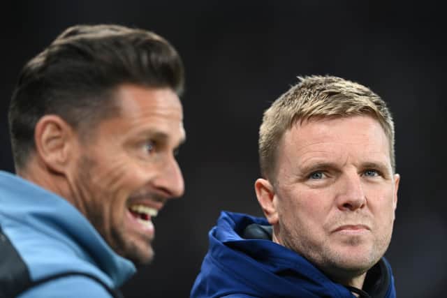 Newcastle manager Eddie Howe (r) and assistant Jason Tindall look on during the Premier League match between Newcastle United  and  Everton at St. James Park on February 08, 2022 in Newcastle upon Tyne, England.