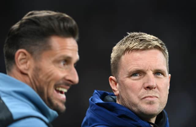 Newcastle manager Eddie Howe (r) and assistant Jason Tindall look on during the Premier League match between Newcastle United  and  Everton at St. James Park on February 08, 2022 in Newcastle upon Tyne, England.