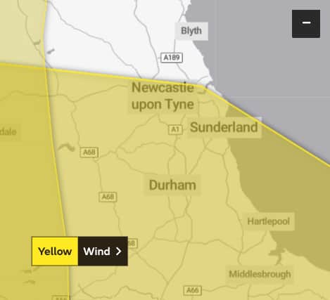 The map showing the yellow warning which is in place across Newcastle and the surrounding area