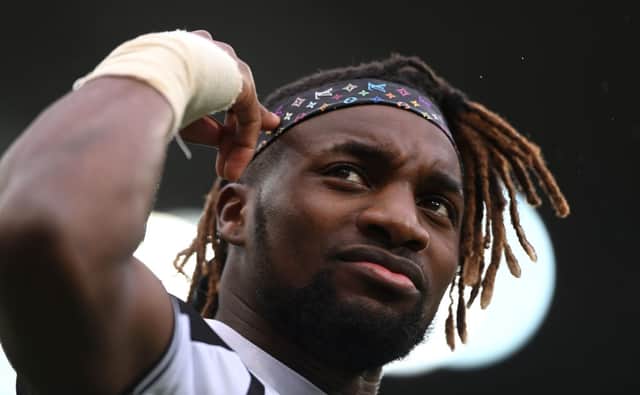 Newcastle player Allan Saint-Maximin looks on during the Premier League match between Newcastle United and Aston Villa at St. James Park on February 13, 2022 in Newcastle upon Tyne, England.