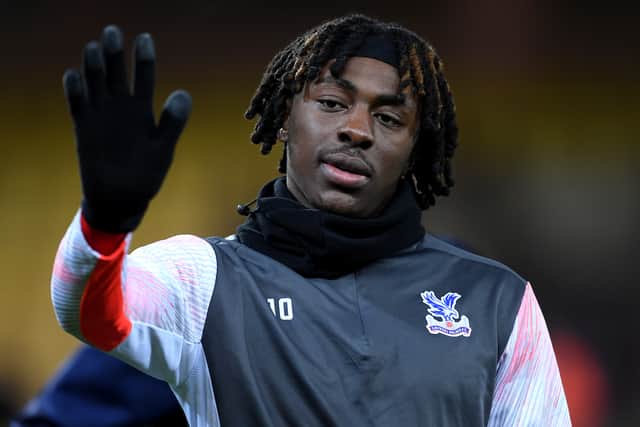 Eberechi Eze of Crystal Palace looks on in the warm up prior to the Premier League match between Norwich City and Crystal Palace at Carrow Road on February 09, 2022 in Norwich, England