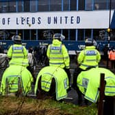 LEEDS, ENGLAND - FEBRUARY 20: Police on horseback are seen outside the stadium prior to the Premier League match between Leeds United and Manchester United at Elland Road on February 20, 2022 in Leeds, England. (Photo by Shaun Botterill/Getty Images)