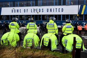 LEEDS, ENGLAND - FEBRUARY 20: Police on horseback are seen outside the stadium prior to the Premier League match between Leeds United and Manchester United at Elland Road on February 20, 2022 in Leeds, England. (Photo by Shaun Botterill/Getty Images)