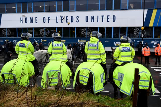 LEEDS, ENGLAND - FEBRUARY 20: Police on horseback are seen outside the stadium prior to the Premier League match between Leeds United and Manchester United at Elland Road on February 20, 2022 in Leeds, England. (Photo by Shaun Botterill/Getty Images)