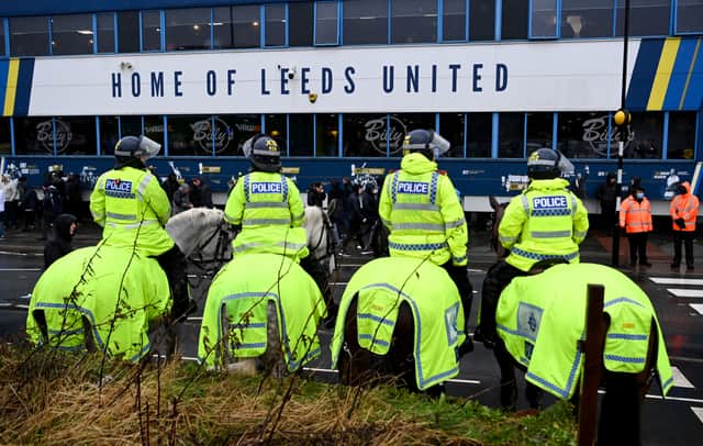LEEDS, ENGLAND - FEBRUARY 20: Police on horseback are seen outside the stadium prior to the Premier League match between Leeds United and Manchester United at Elland Road on February 20, 2022 in Leeds, England. (Photo by Shaun Botterill/Getty Images)