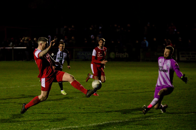 North Shields striker Dan Wilson is denied by Newcastle United U23s goalkeeper Jake Turner in the Northumberland Senior Cup semi-final at the Daren Persson Stadium. (Photo credit: Chris Chambers)