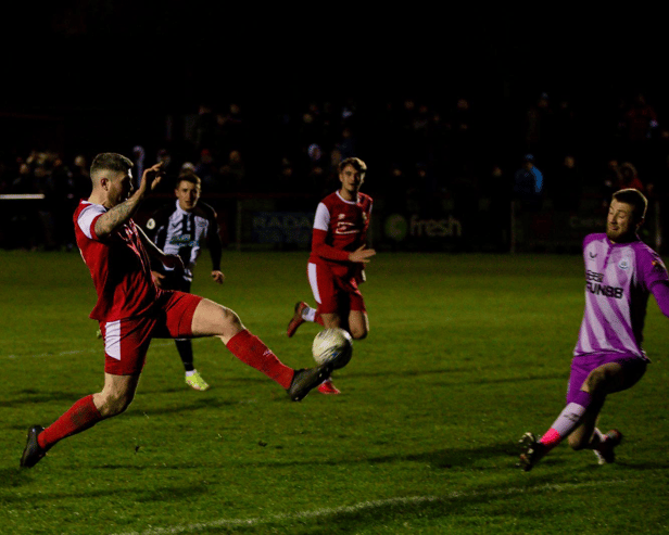 North Shields striker Dan Wilson is denied by Newcastle United U23s goalkeeper Jake Turner in the Northumberland Senior Cup semi-final at the Daren Persson Stadium. (Photo credit: Chris Chambers) 