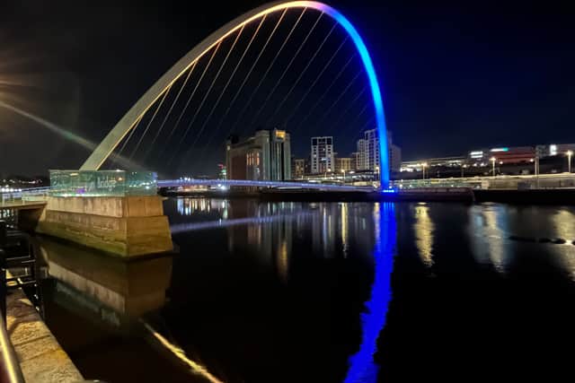 The Gateshead Millennium Bridge in blue and yellow (Image: Toby Bryant / NewcastleWorld)
